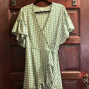 Wrap dress green orange yellow flowers textured fabric flutter sleeve